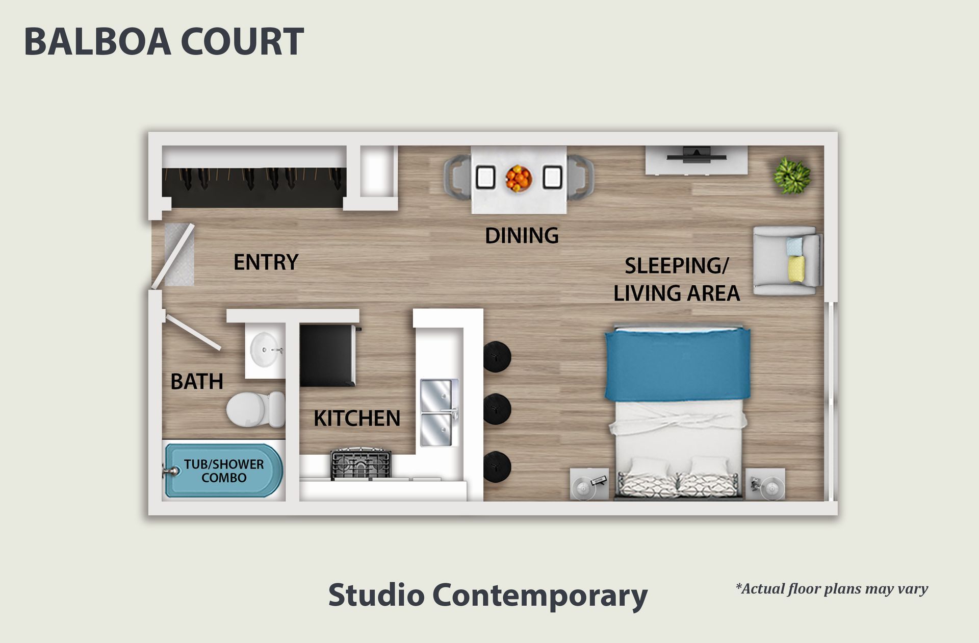 3D floor plan of a small loft apartment with kitchen, dining, living, and bedroom areas