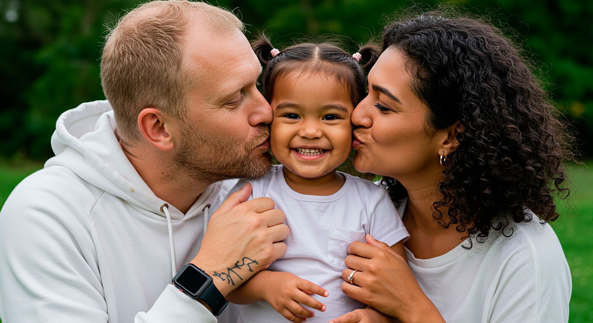 Two adults kissing a smiling child on both cheeks outdoors in white tops.