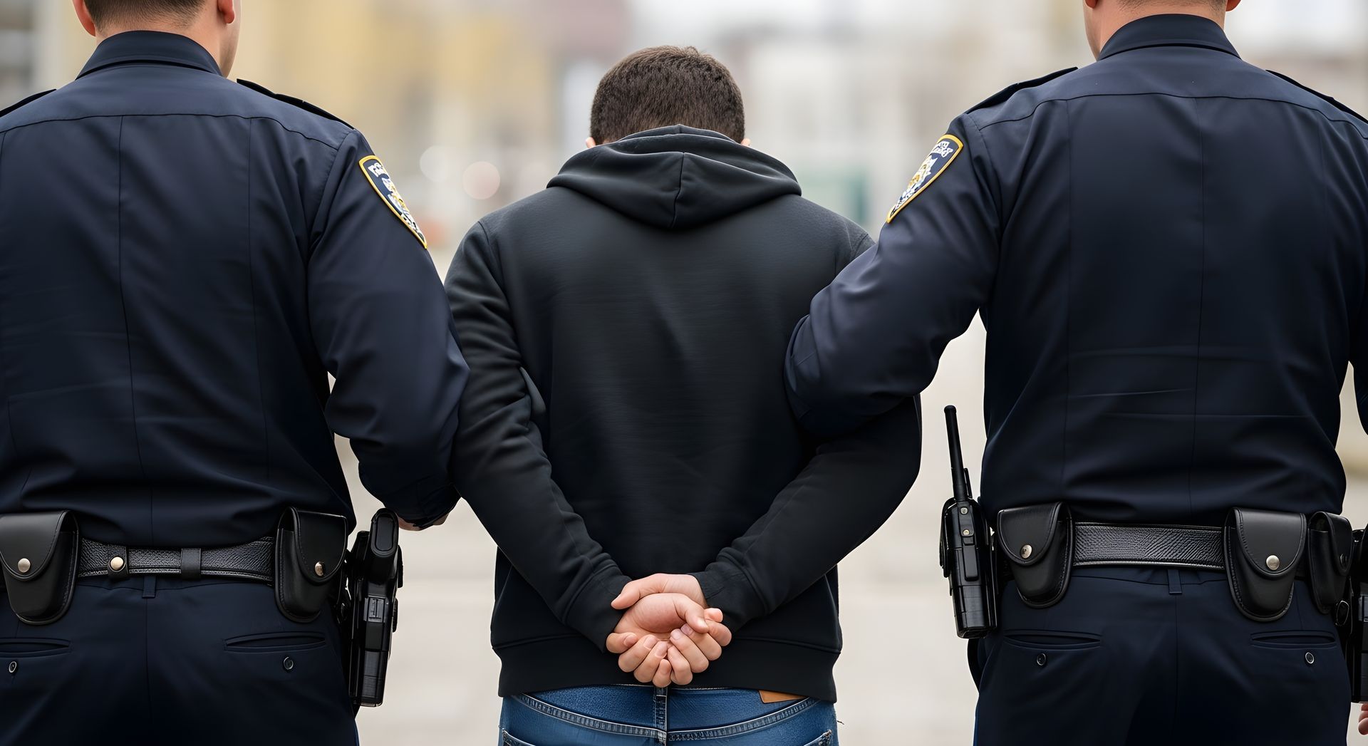 Two police officers escort a handcuffed person in a black hoodie down a street.