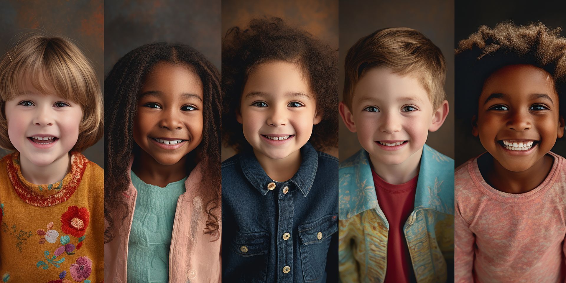 Five smiling children posing in a row against a warm-toned background