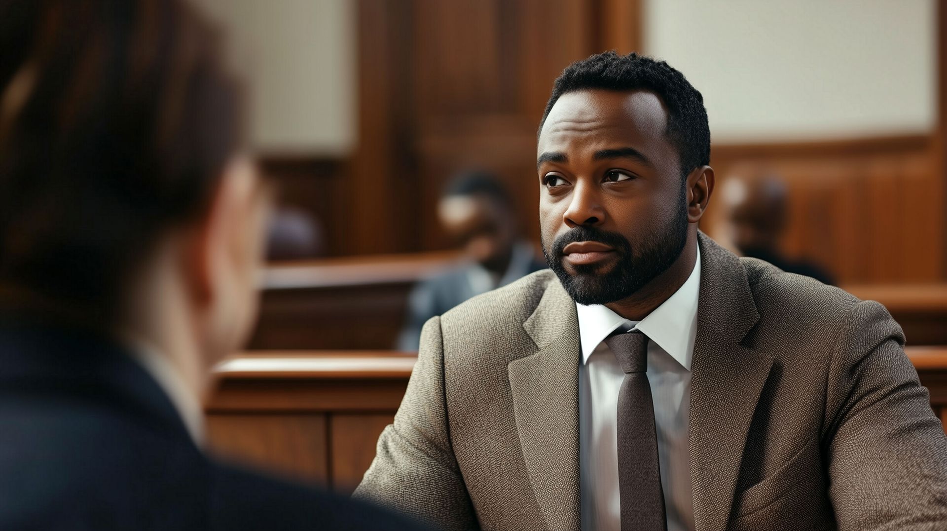 Two people in a courtroom, one man in a tan suit listening intently across the table