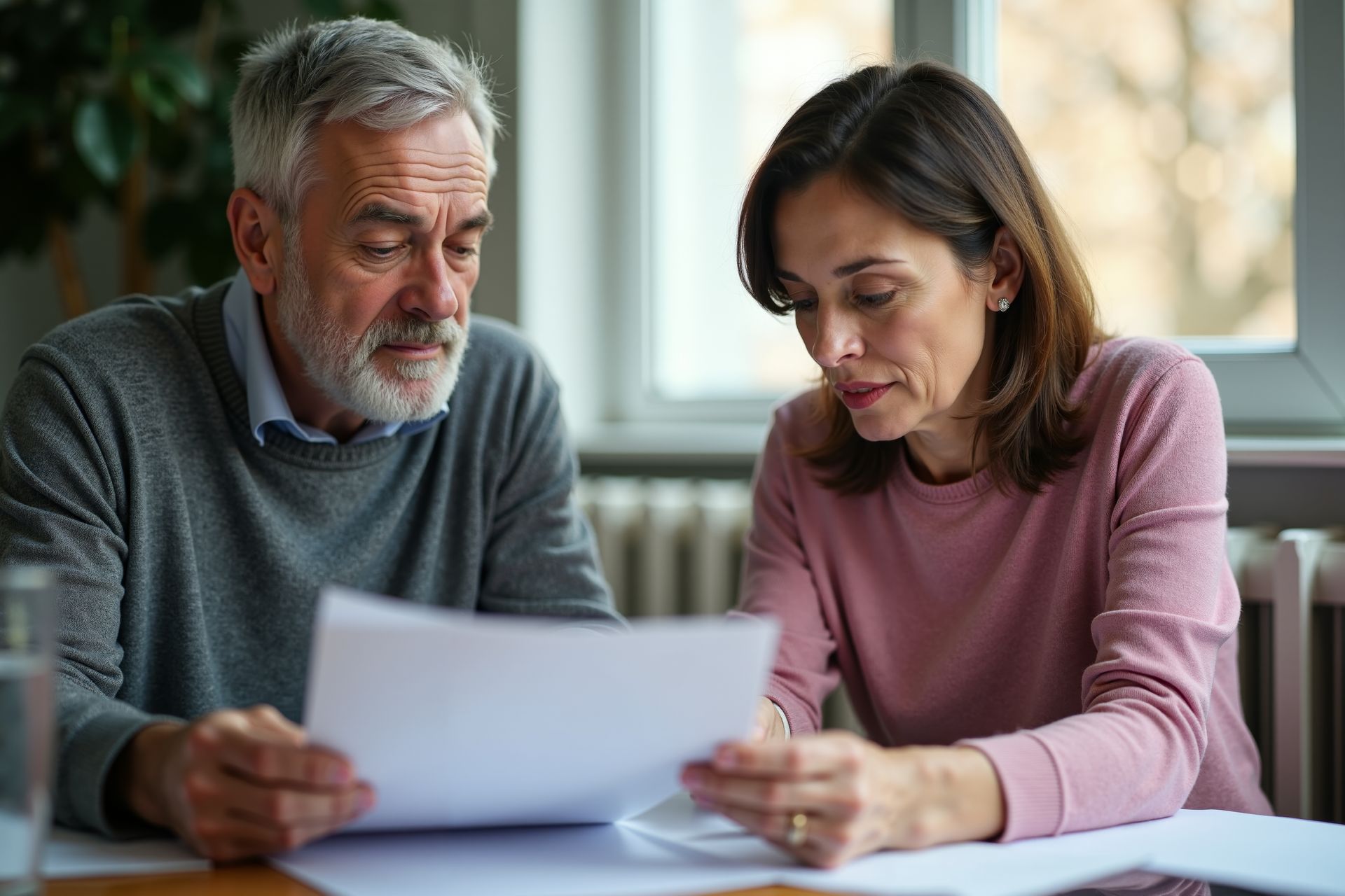 Two people reviewing papers together at a table, focused on the documents.