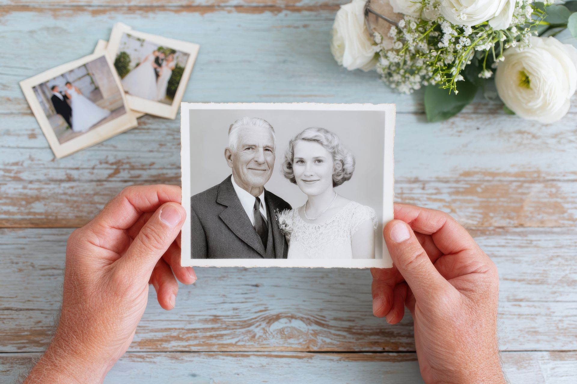 Hands holding a black-and-white wedding photo on a rustic wooden table with flowers and small prints nearby