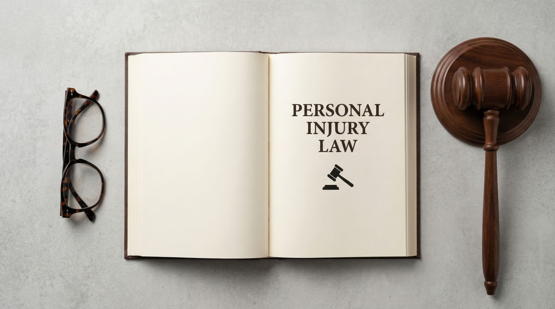 Open law book titled “PERSONAL INJURY LAW” beside glasses and a gavel on a gray surface