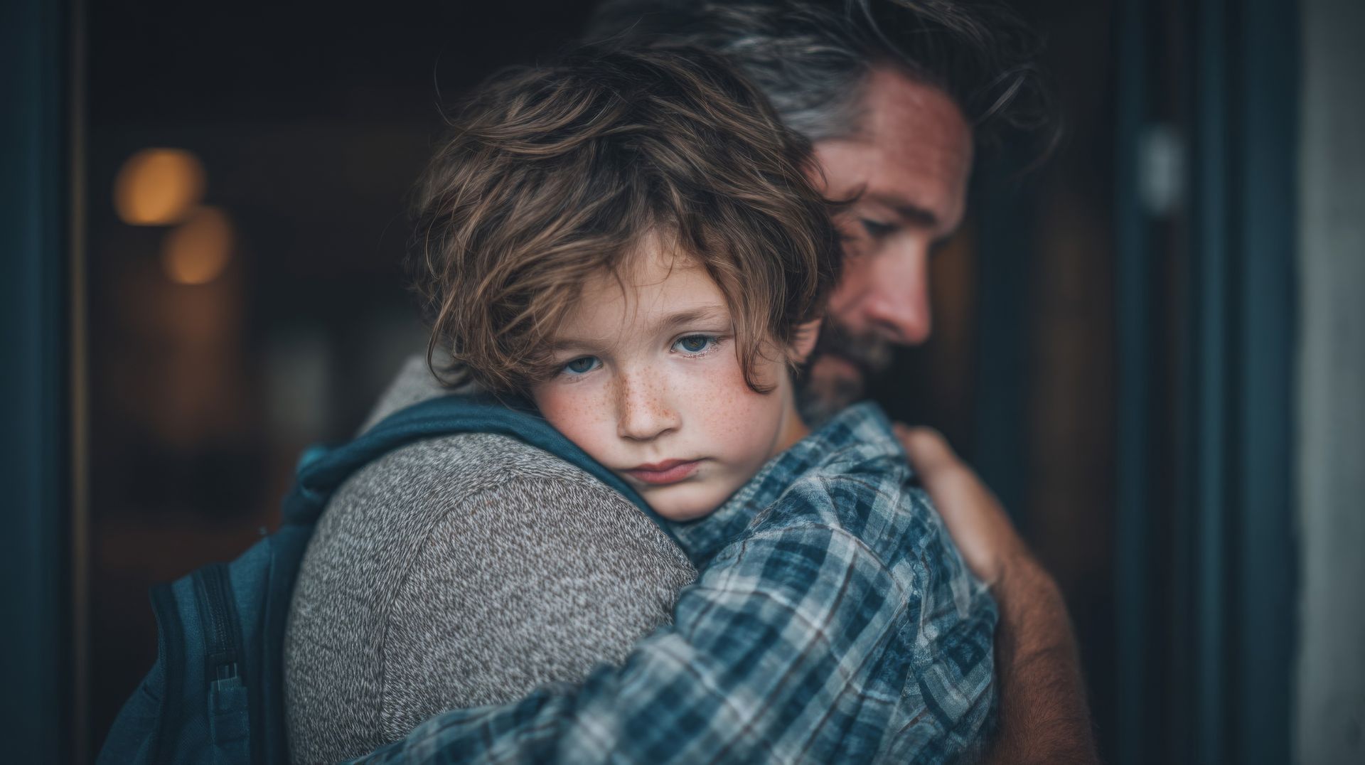 Child hugging an adult indoors, both with pensive expressions in soft, dim light