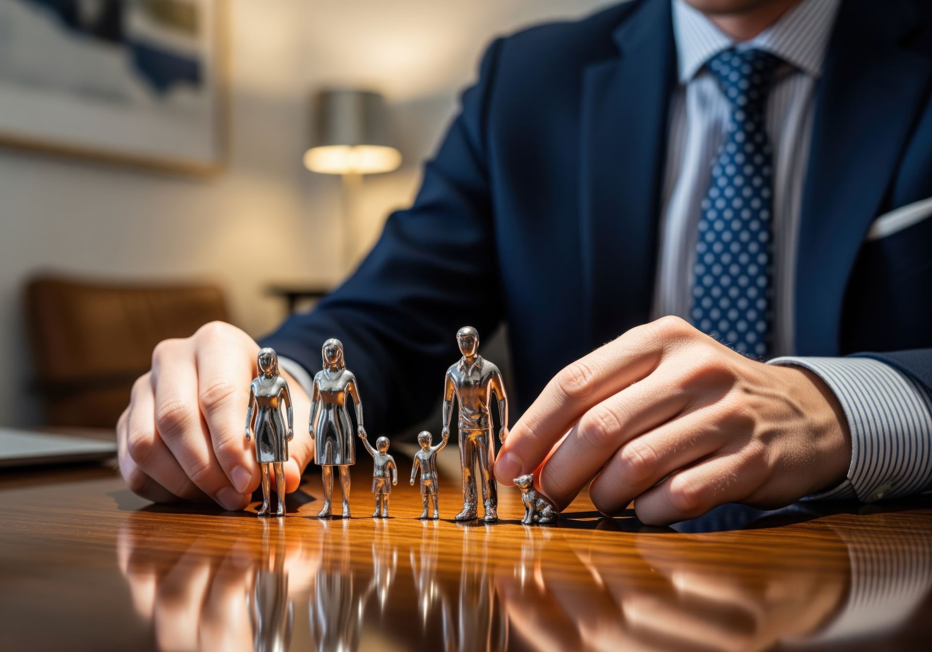Businessman arranging miniature people on a wooden table in an office setting