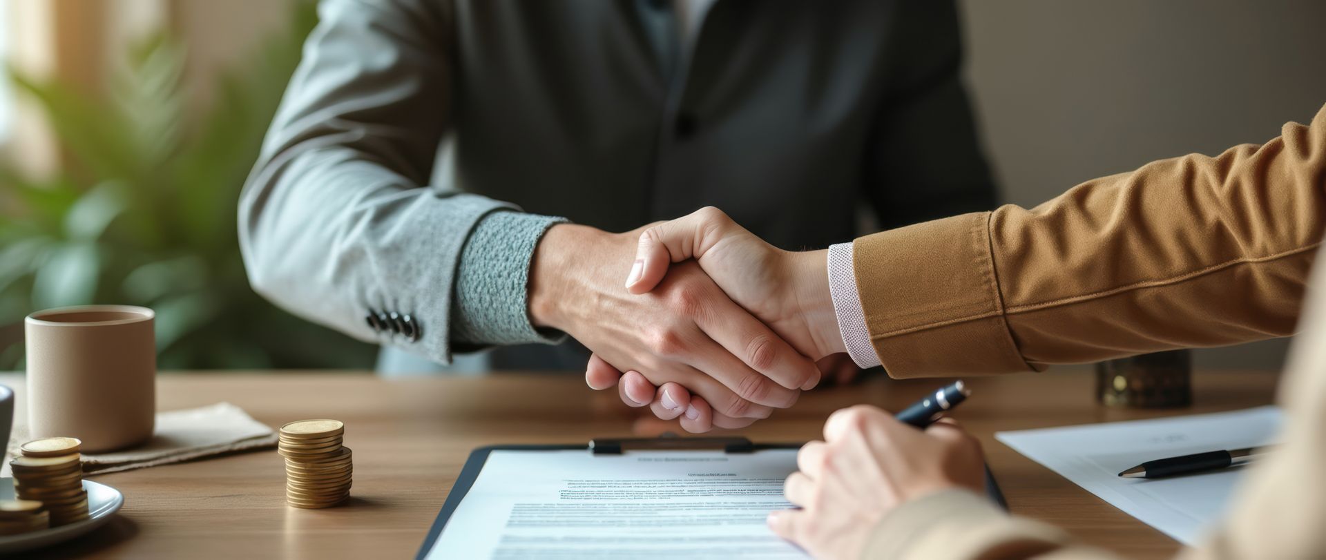 Two people shake hands across a desk during a business meeting, with paperwork and a coffee cup nearby.
