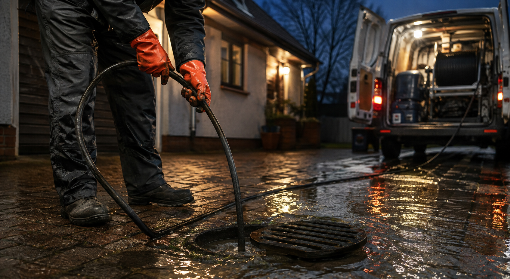 Worker using a drain snake on a flooded driveway beside a service van at dusk