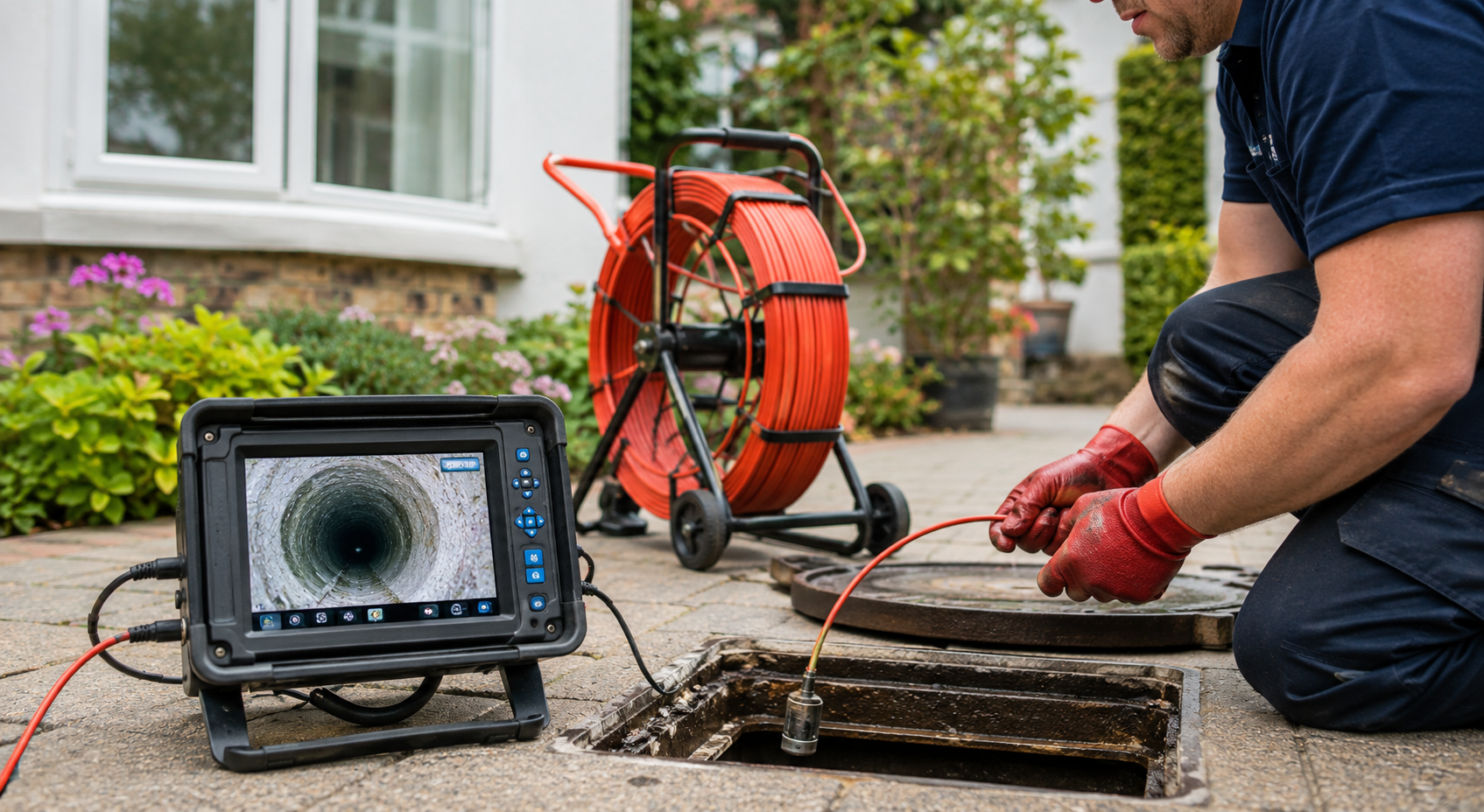 Worker in red gloves using a drain snake beside a sewer camera on a driveway.