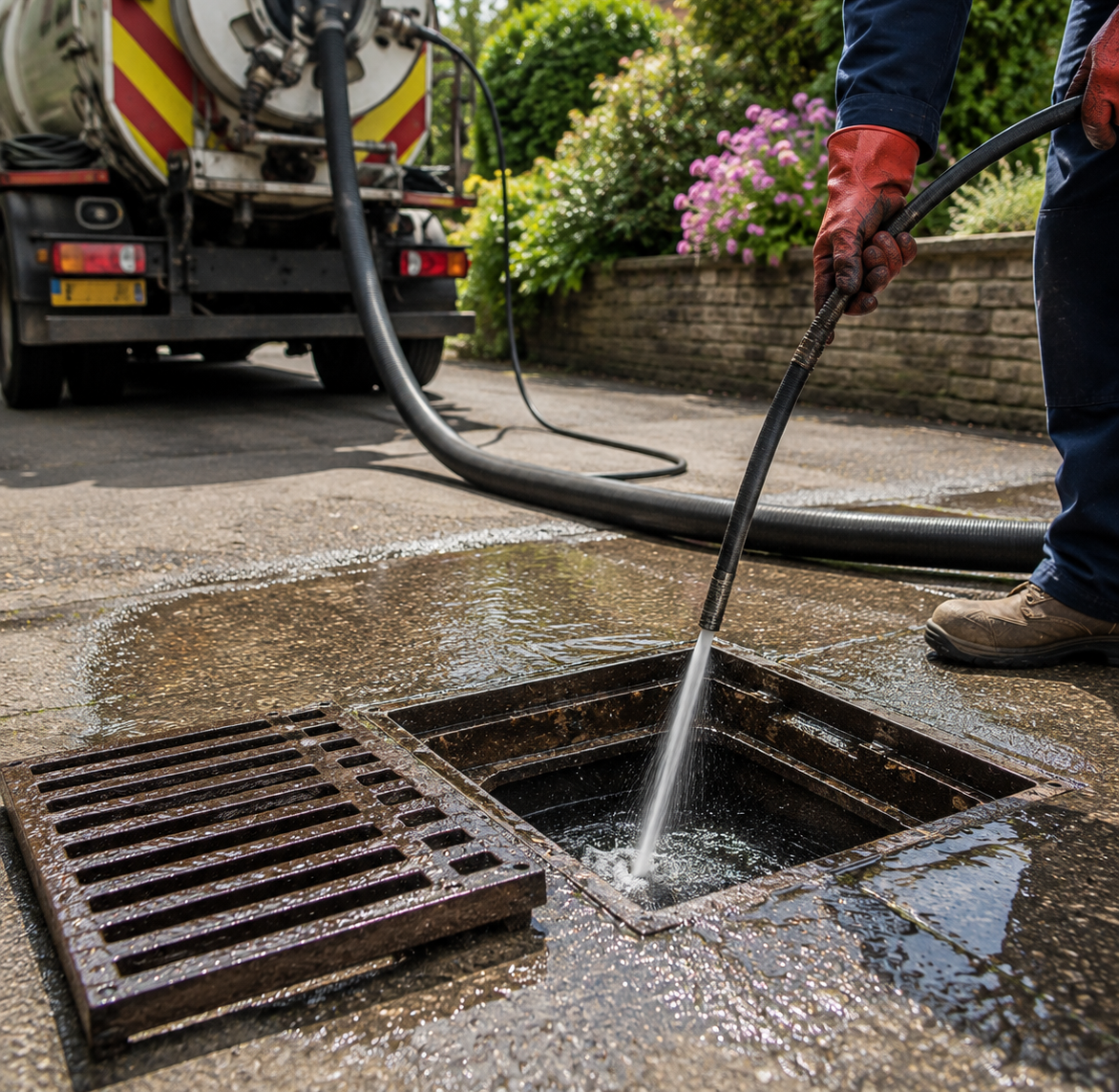 Worker flushing a street drain with a hose beside a utility truck and open manhole cover