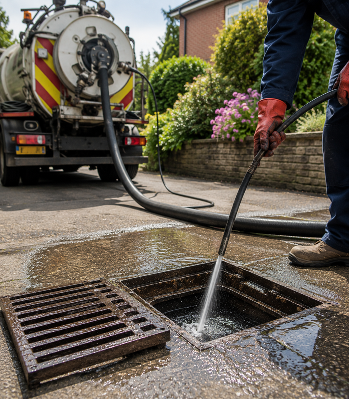 Worker clearing a storm drain with a hose beside a utility truck on a wet street