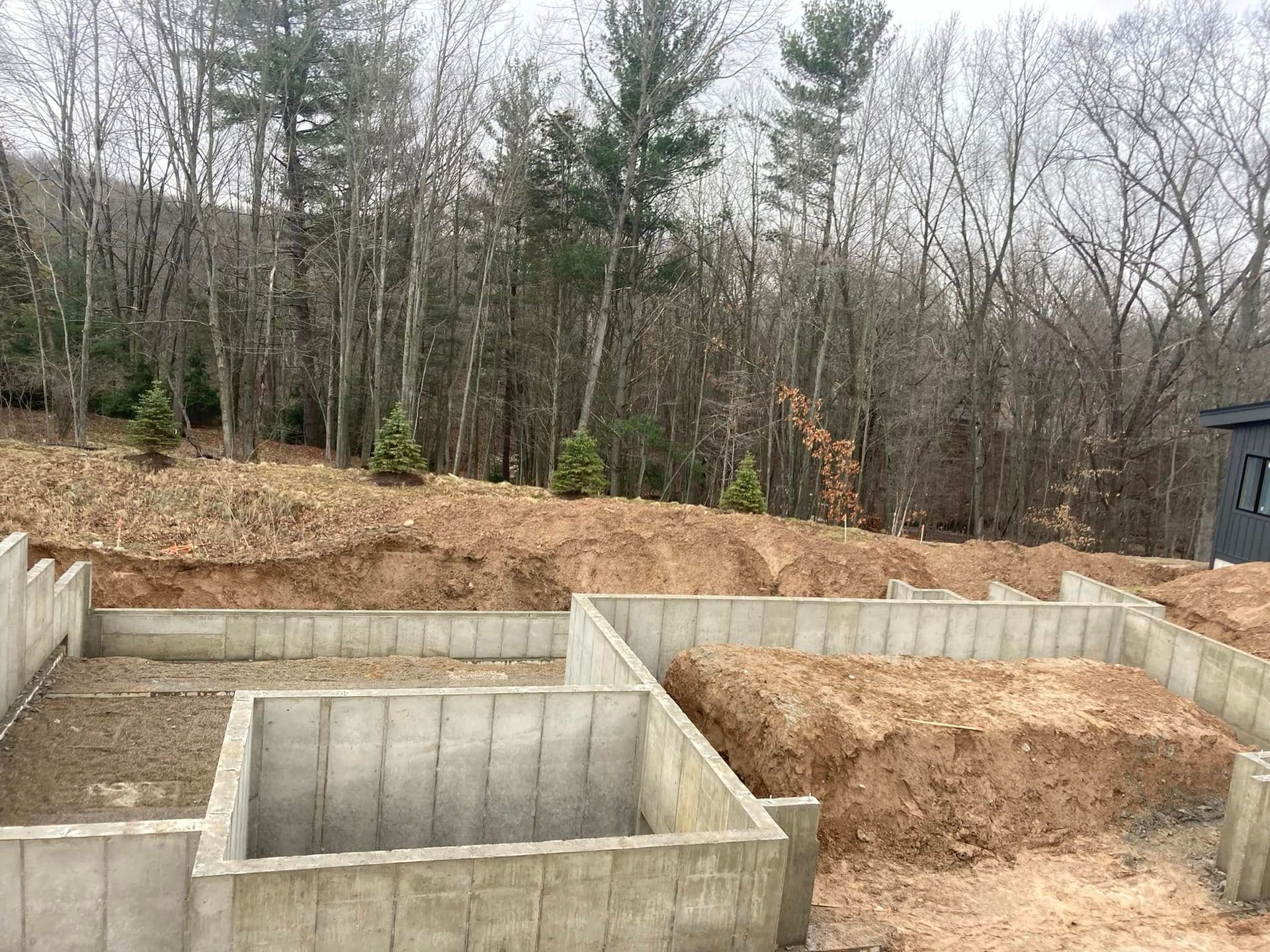 A concrete foundation is being built in the middle of a forest.