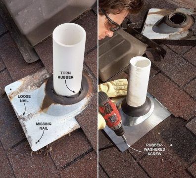 Two photos show a roofer fixing a pipe flashing on a roof. One shows torn rubber; the other, a screw being used.