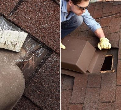 A person repairing a roof, removing a shingle and covering a cracked section.