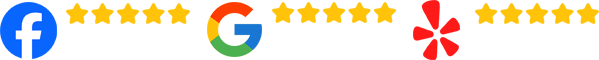 Logos for Facebook, Google, and Yelp, each with star ratings.