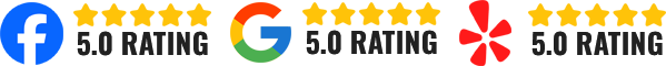 Logos of Facebook, Google, and Yelp with 5-star ratings displayed.