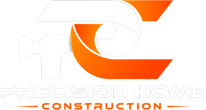 Logo for Precision Home Construction, white text over an orange curve, reading