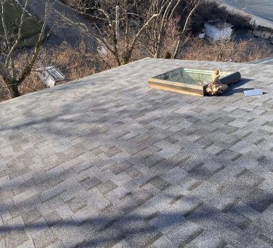 Gray asphalt shingle roof with a skylight; trees and buildings are visible in the background.