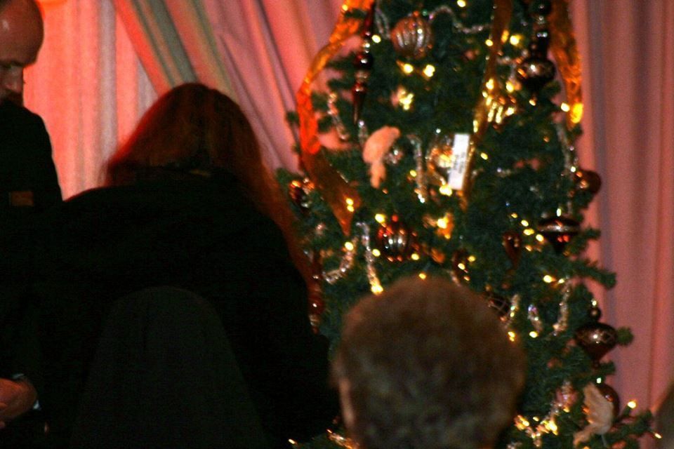 a group of people are standing in front of a christmas tree .
