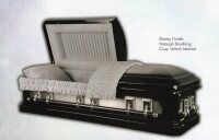 a black casket with the lid open on a white background .