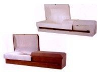 two caskets one white and one wooden cremation casket