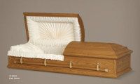 tan cremation casket with white liner.