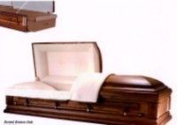 a wooden coffin with the lid open on a white background .