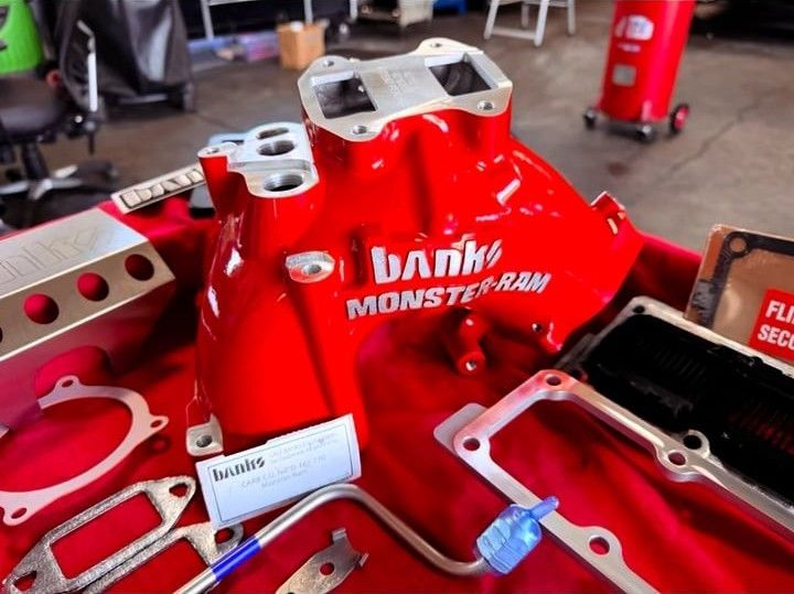 Banks Monster Ram intake manifold and heater upgrade kit laid out for installation at Wayside Garage