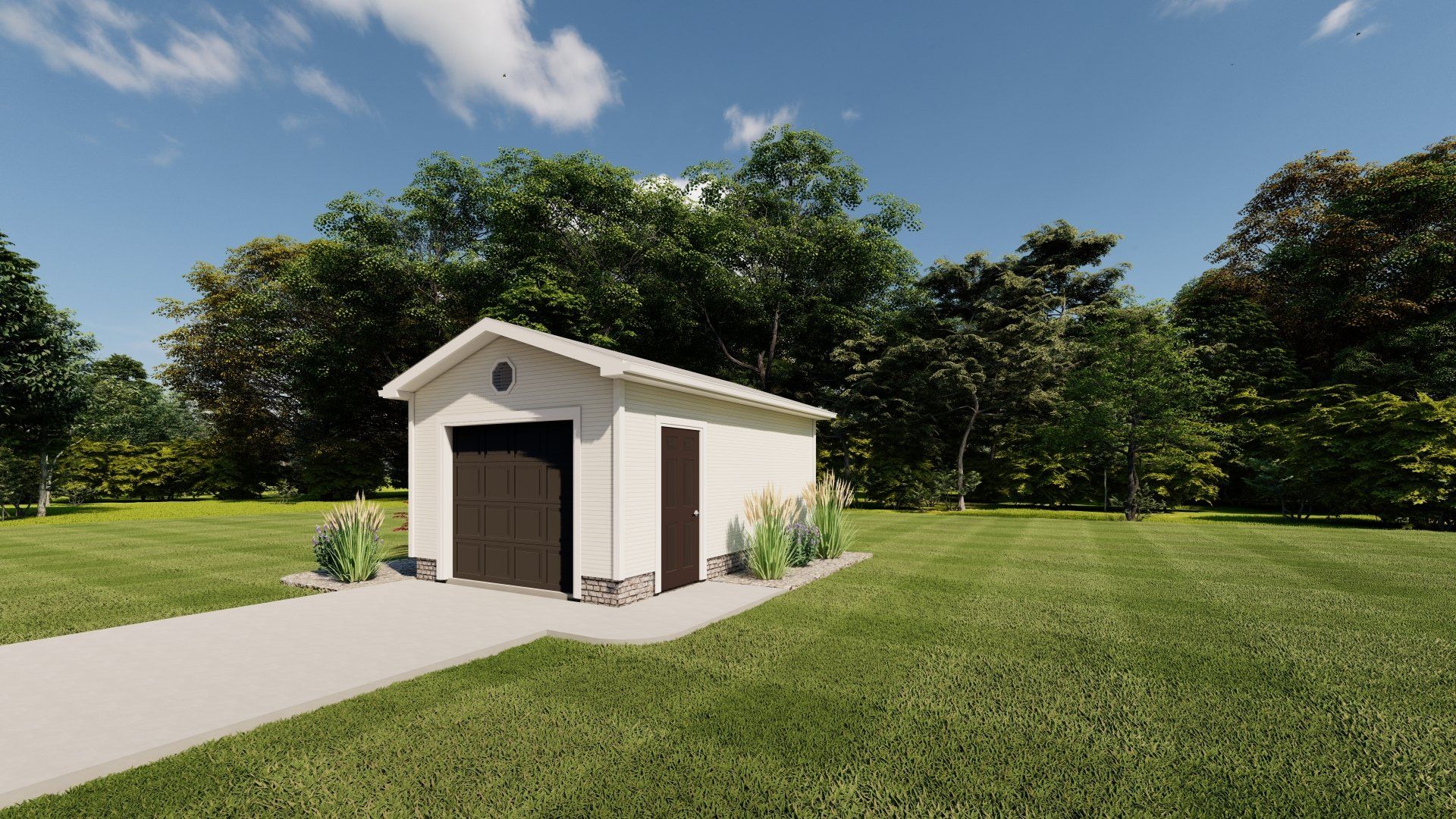 A small white garage is sitting in the middle of a lush green field.