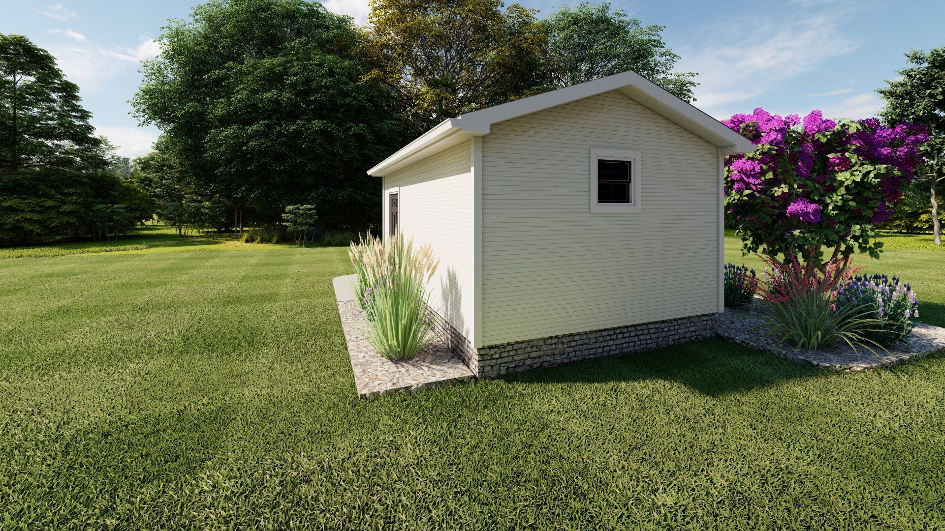 A small white shed is sitting in the middle of a lush green field.