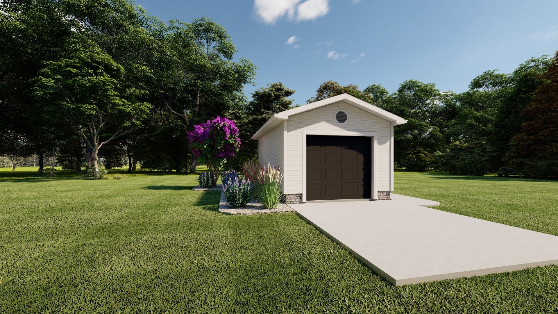 A small white garage is sitting in the middle of a lush green field.
