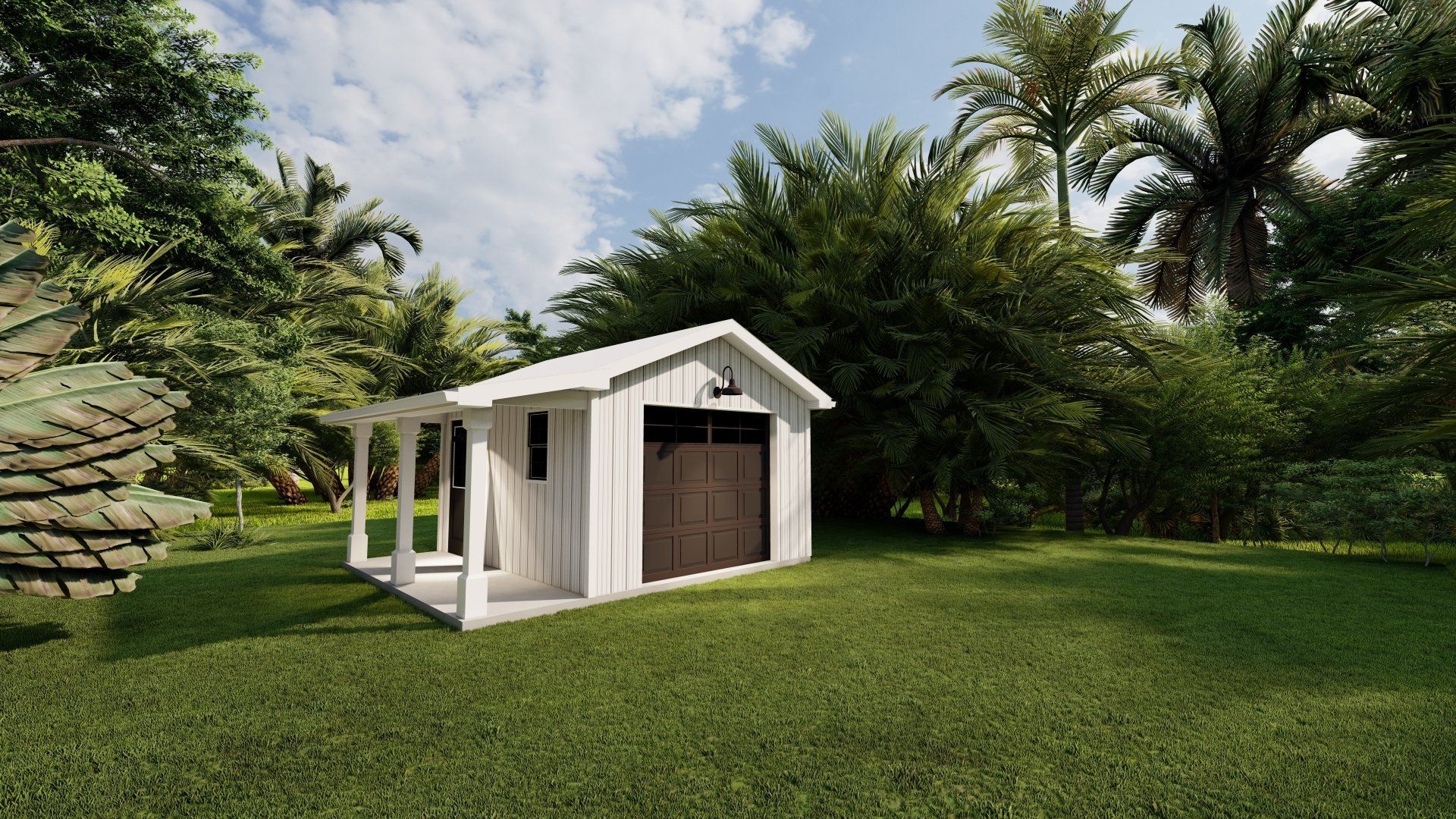 A white garage with a porch is sitting in the middle of a lush green yard.