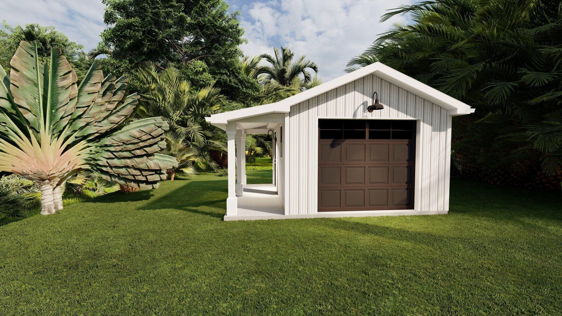 A white garage with a brown door is sitting on top of a lush green lawn.