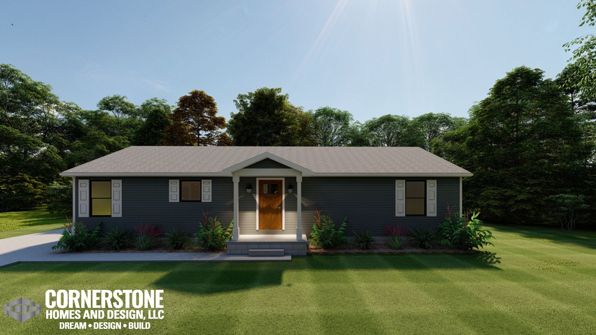 A rendering of a house with a roof and a porch.