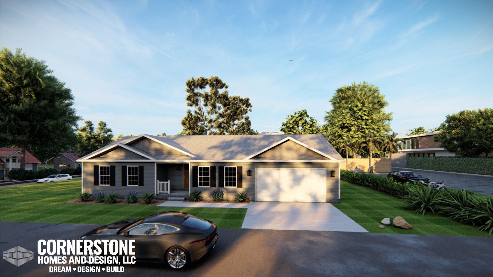 A 3d rendering of a house with a car parked in front of it.