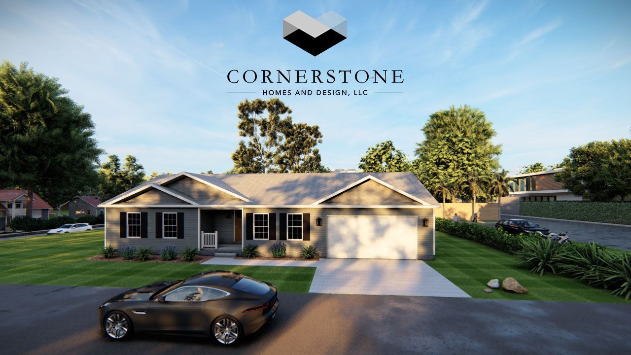 Modern single-story suburban house with a car in the driveway at sunset, Cornerstone logo above