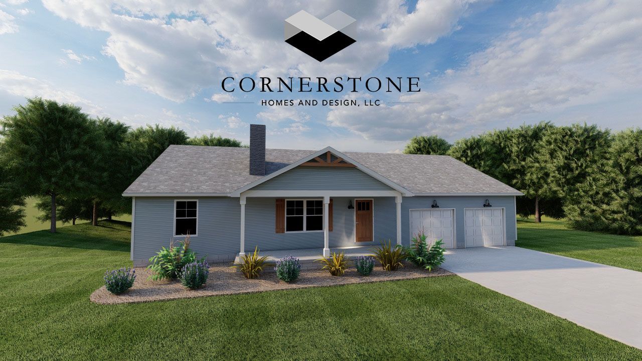 Cornerstone Homes logo above a rendering of a gray single-story house with a front porch and garage