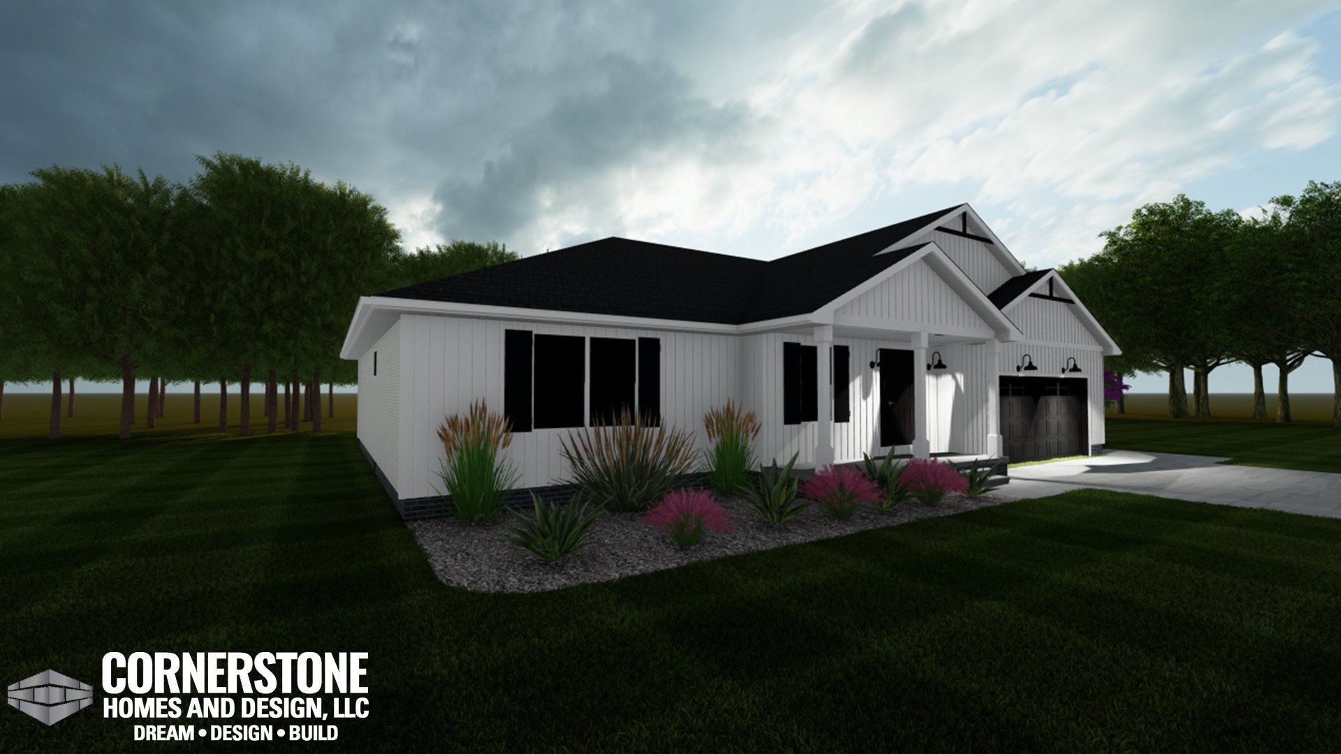 A white house with a black roof is sitting in the middle of a grassy field.
