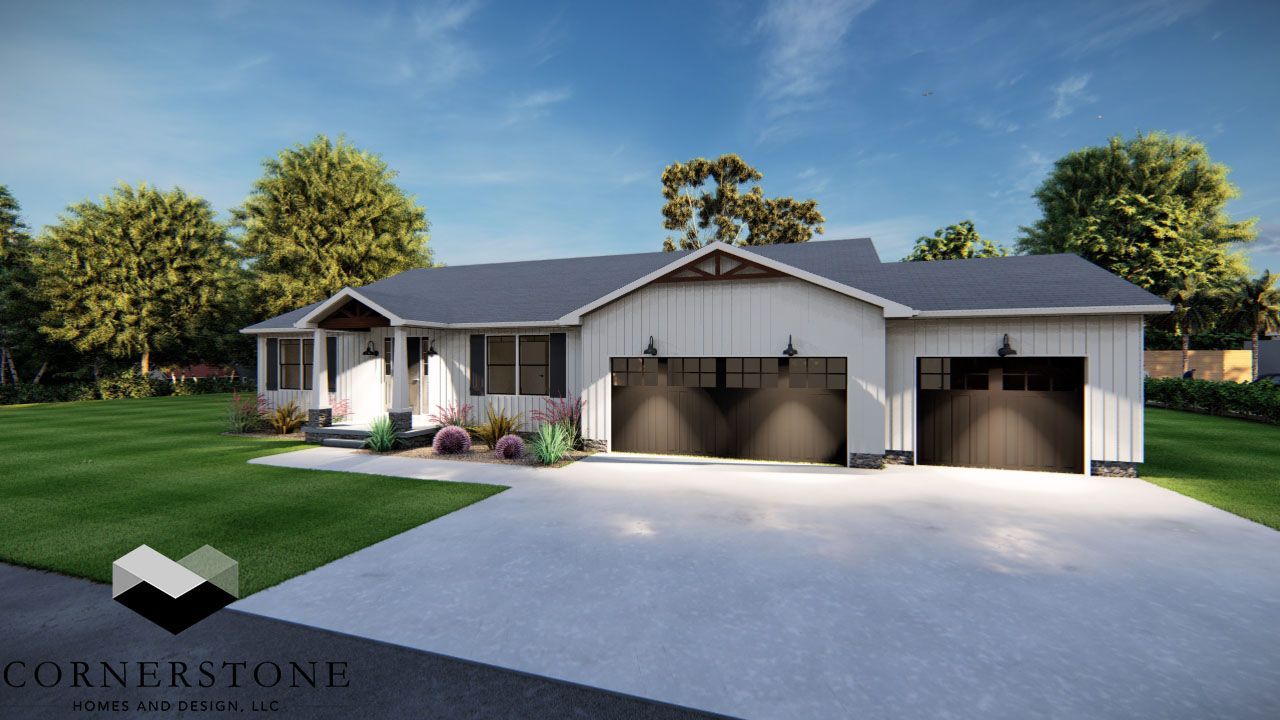 Single-story gray house with three-car garage, driveway, and green lawn under a blue sky