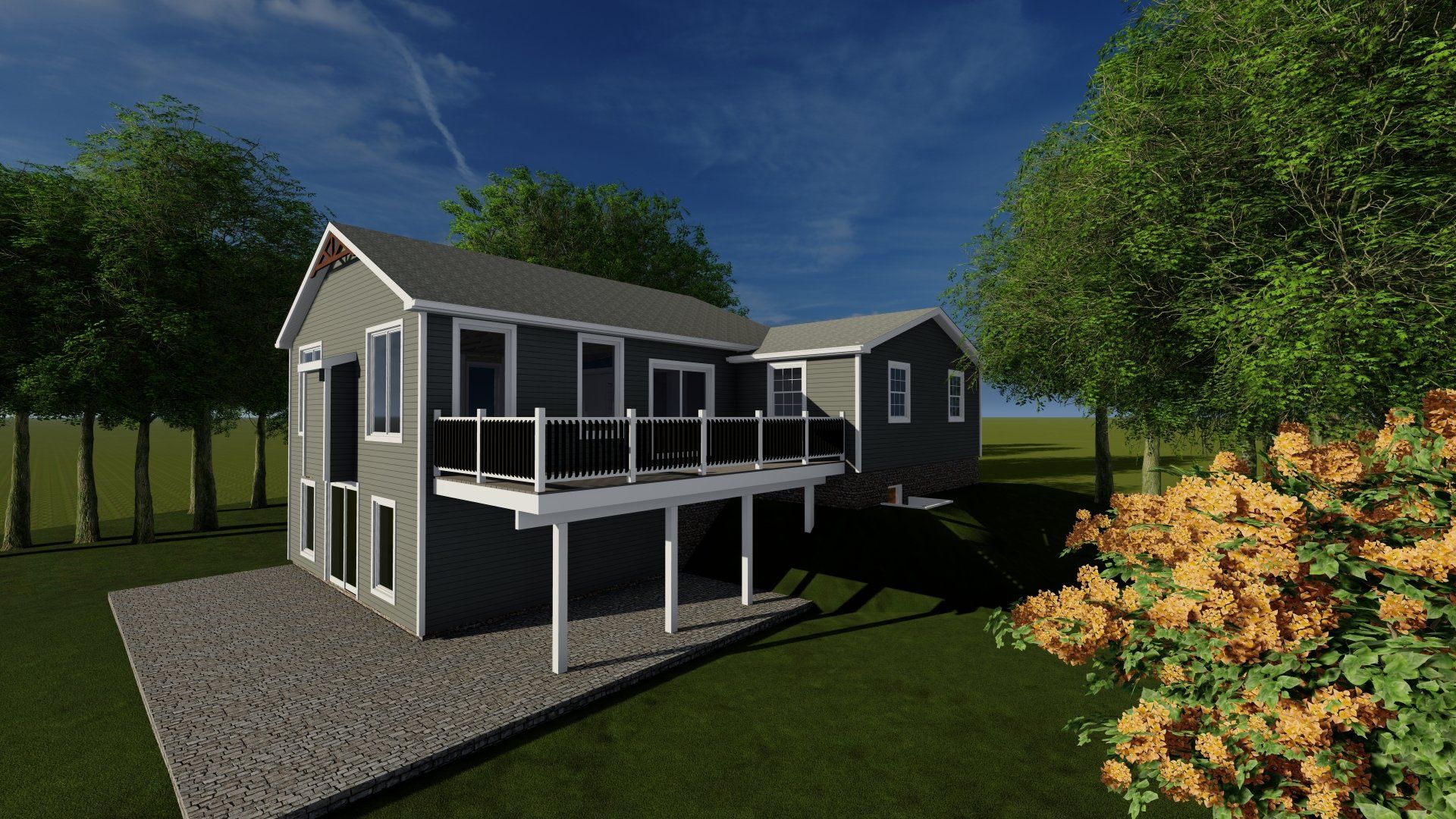 An artist 's impression of a house with a large deck surrounded by trees.