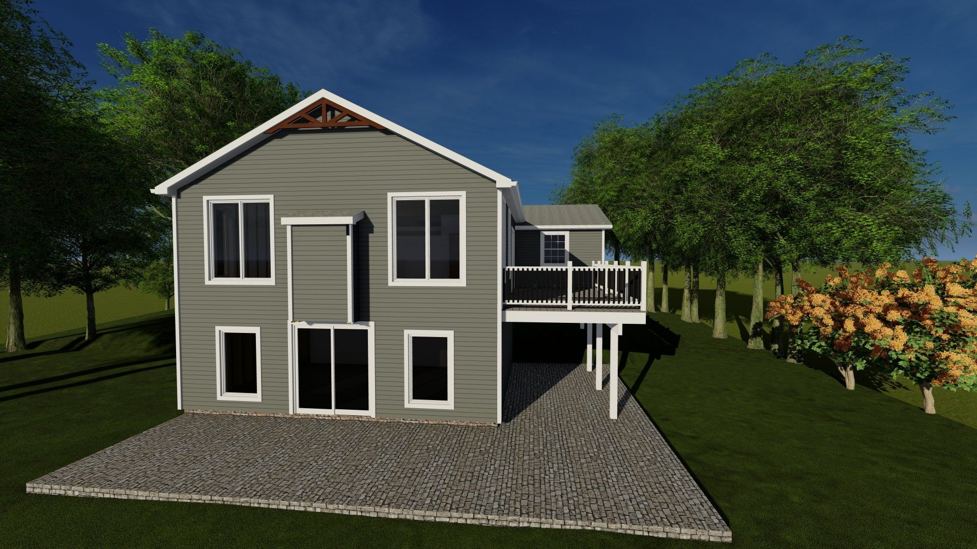 A 3d rendering of a house with a deck and trees in the background.
