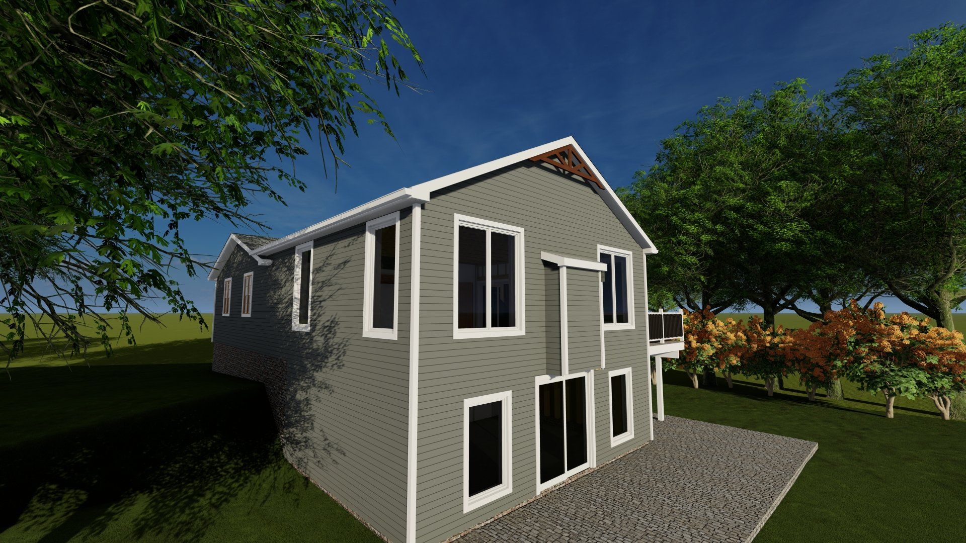 A computer generated image of a house with trees in the background.