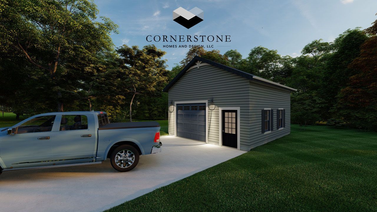 A truck is parked in front of a garage.