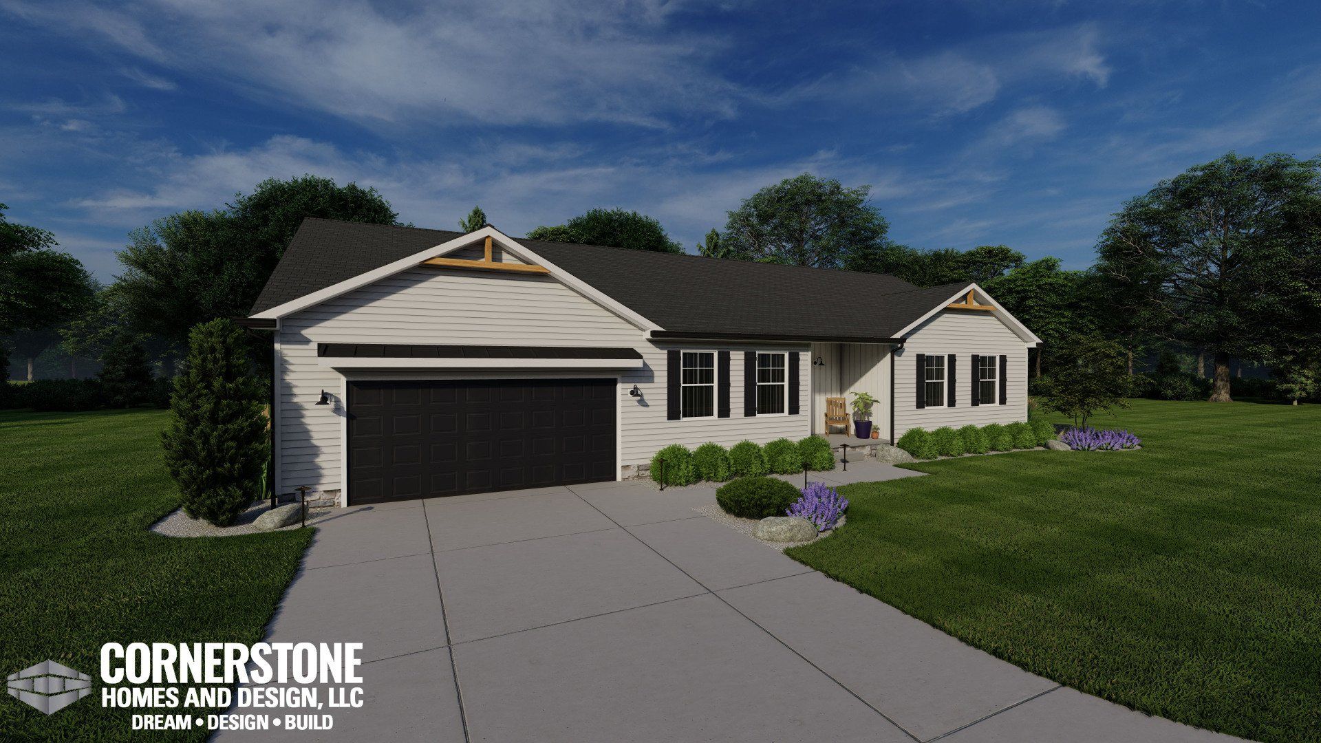 A white house with a black garage door is sitting on top of a lush green field.
