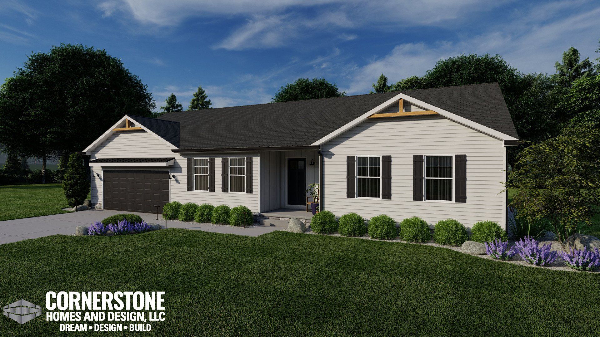 A white house with black shutters and a garage is sitting on top of a lush green field.