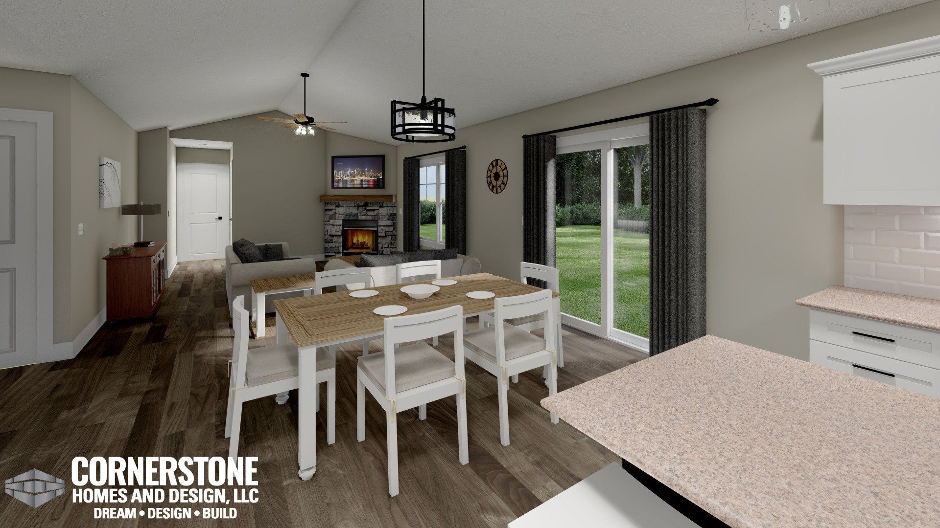 A computer generated image of a living room and dining room in a house.