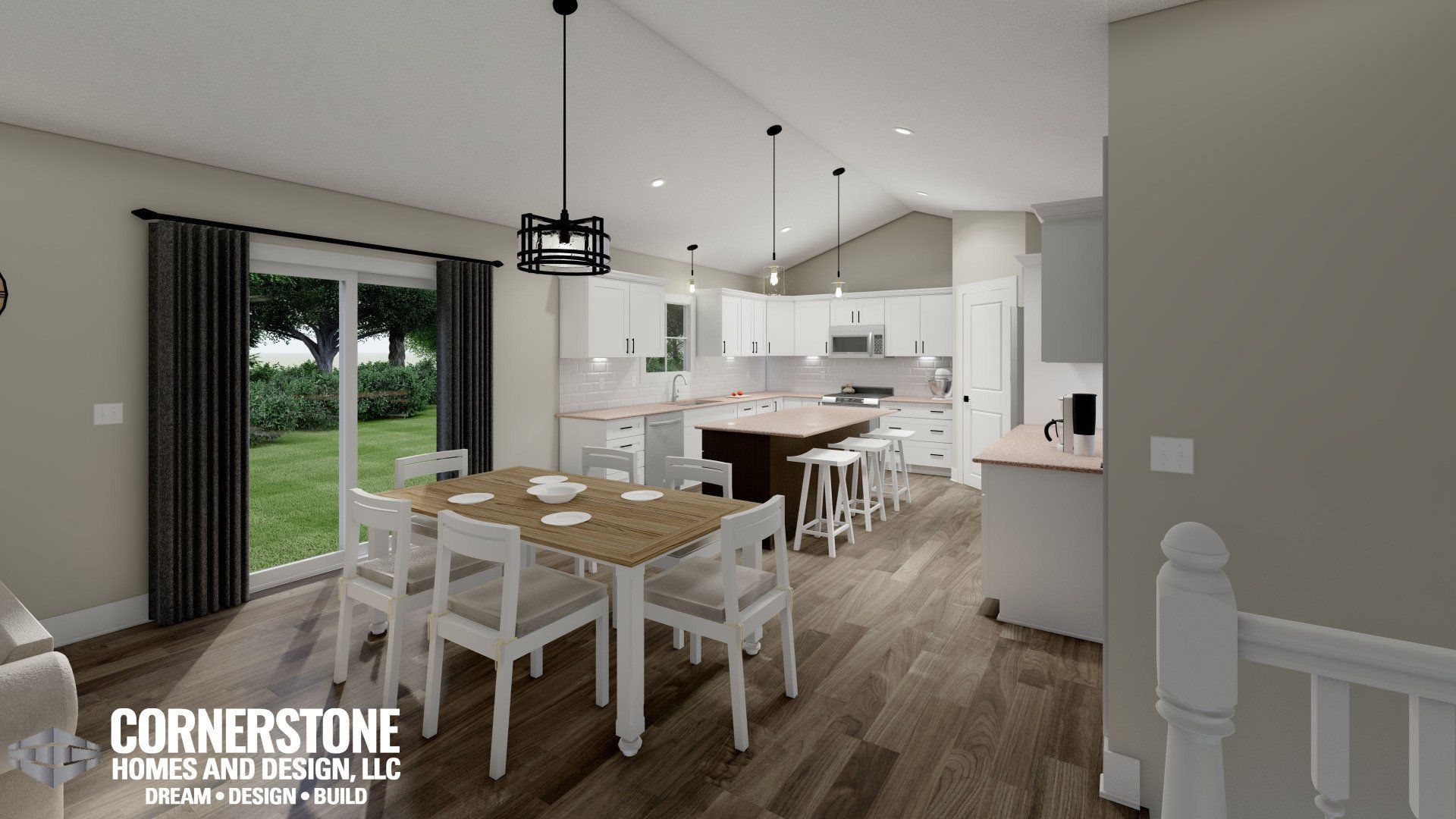 A computer generated image of a dining room and kitchen in a house.