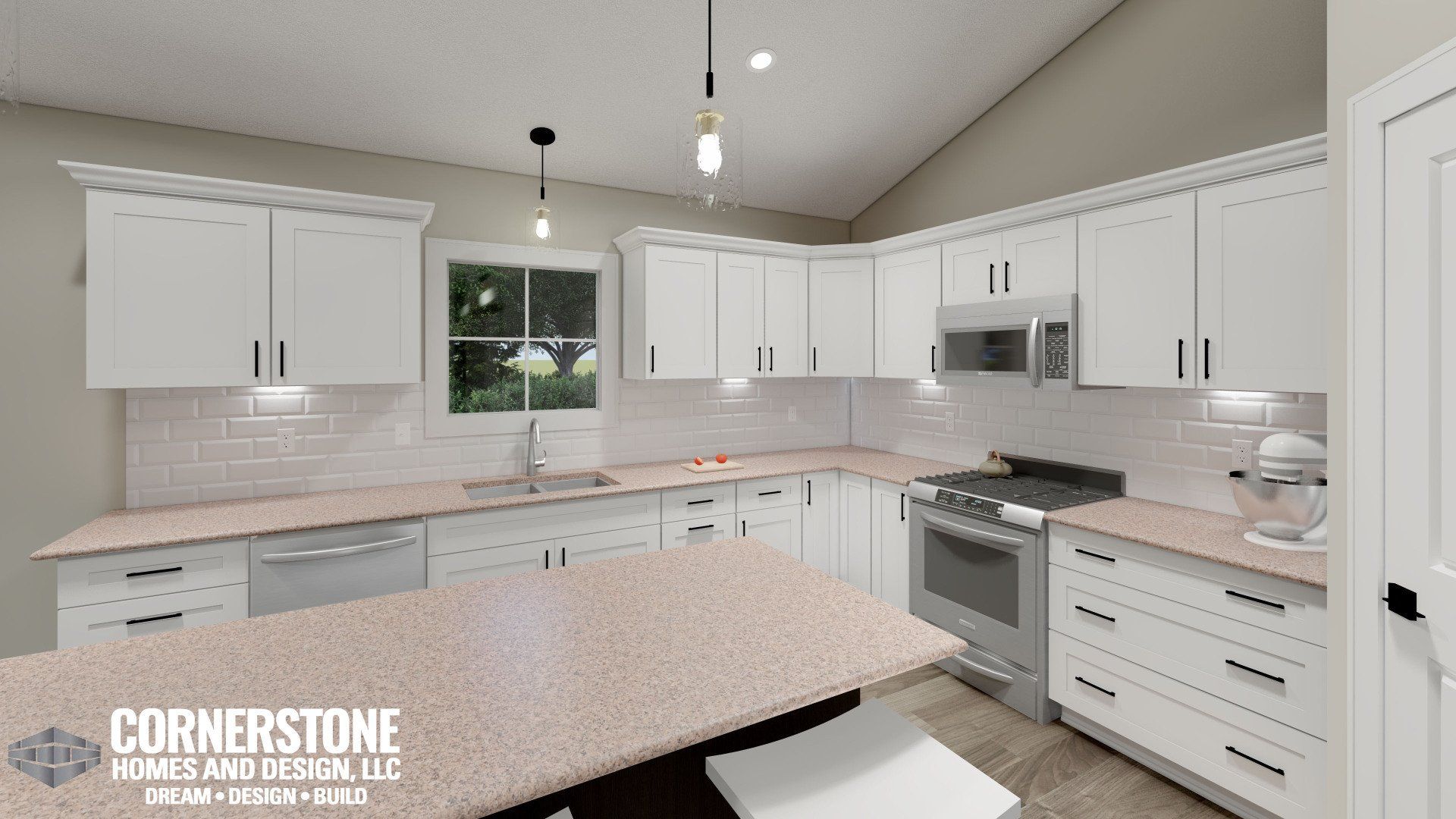 A kitchen with white cabinets , granite counter tops , stainless steel appliances and a large island.
