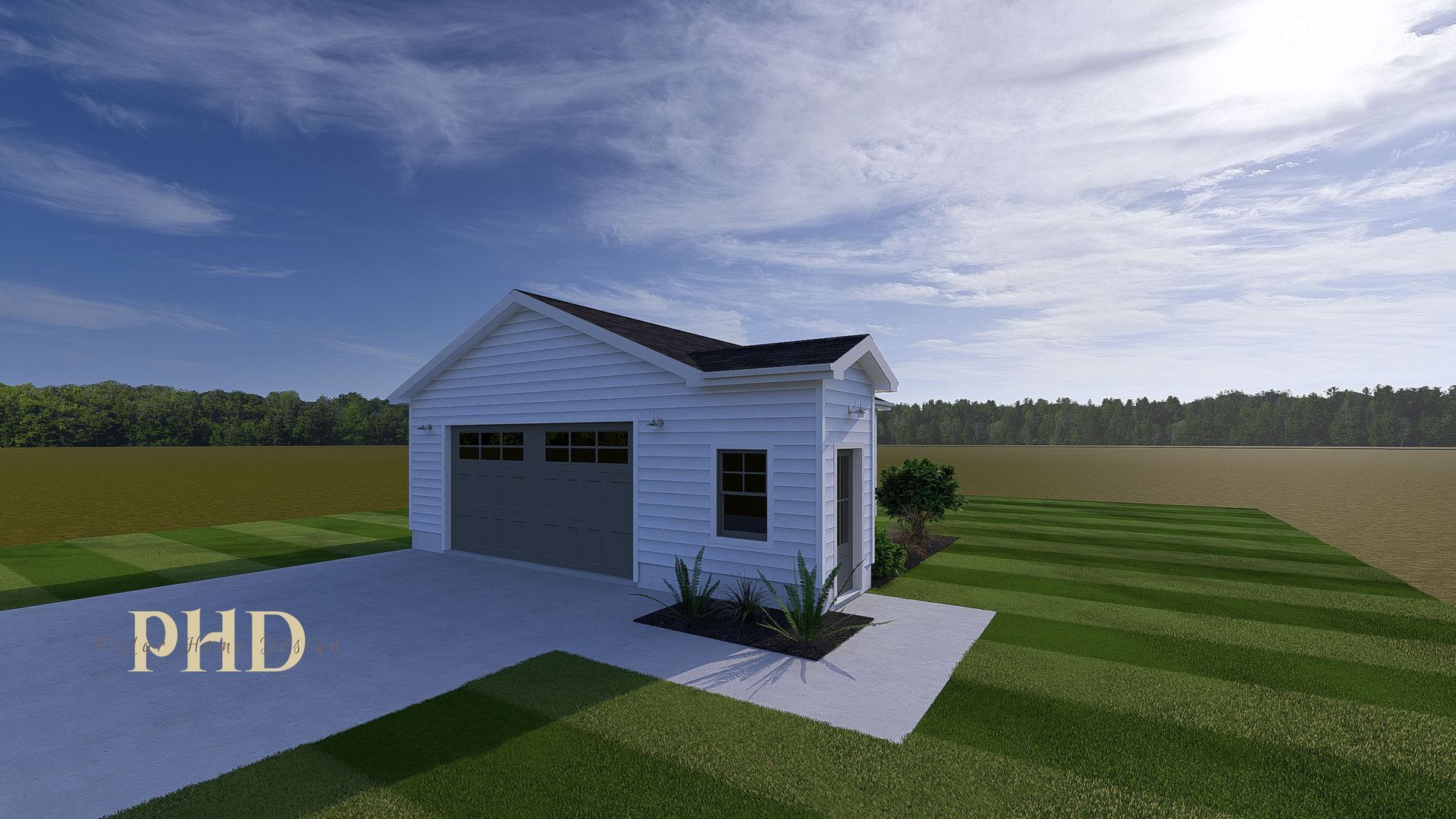 Small white house with a garage on a grassy lot under a cloudy blue sky