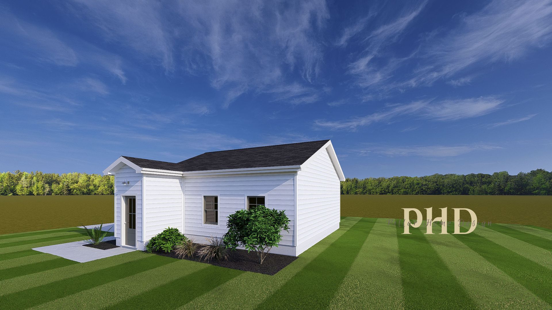 Small white house with dark roof on a grassy field under a blue sky